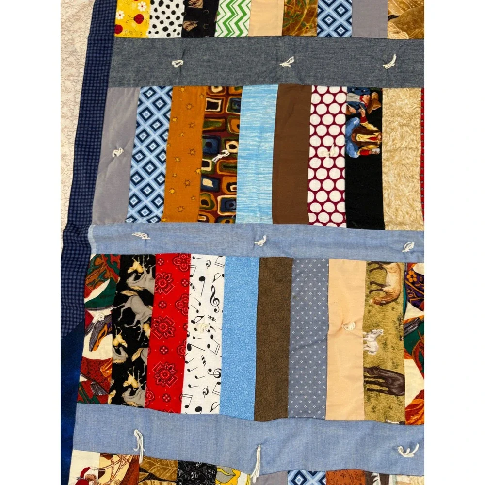 Handmade Patchwork Scrap Quilt Novelty Horse‎ Music Cowboy Denim Look 53x62